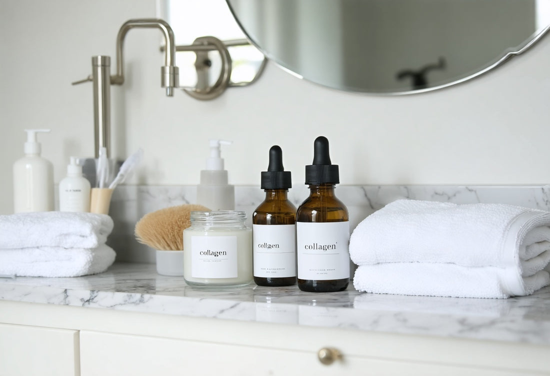 Collagen skin benefits for your daily routine with serums and cream on a clean bathroom counter