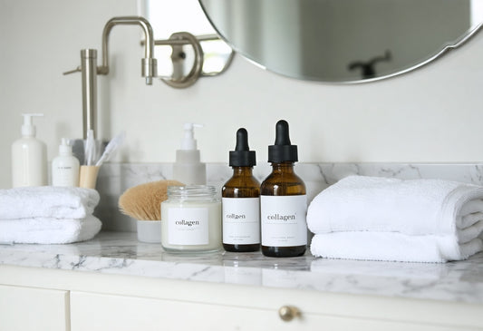 Collagen skin benefits for your daily routine with serums and cream on a clean bathroom counter